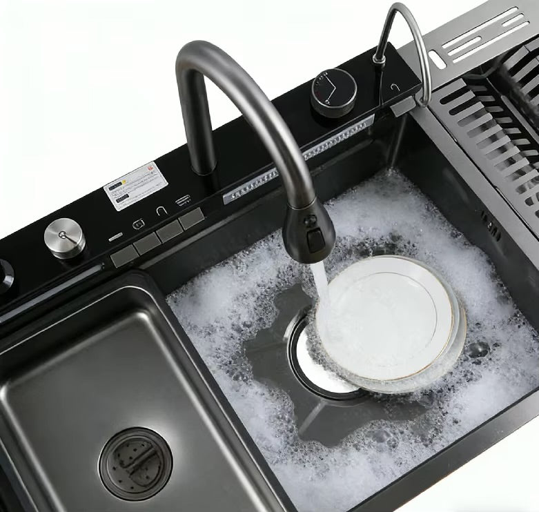 Kitchen sink, 5 buttons, 45x100 cm - Nano Smart - Digital display - Integrated dish drainer + knife rack - Includes all accessories - A complete kitchen experience in one piece