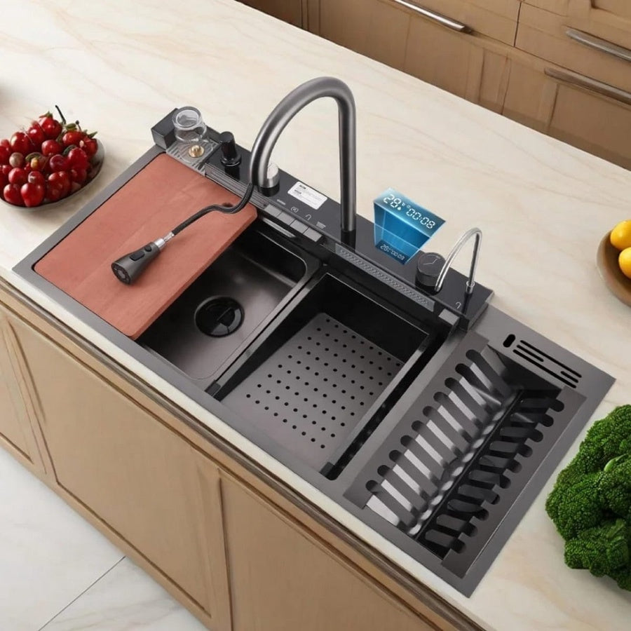 حوض مطبخ 5 زرار 45x100 سم - نانو سمارت - شاشه ديجتال - مطبقية مدمجة + رشاقة للسكاكين - شامل جميع الاكسسوار - تجربة مطبخ متكاملة في قطعة واحدة