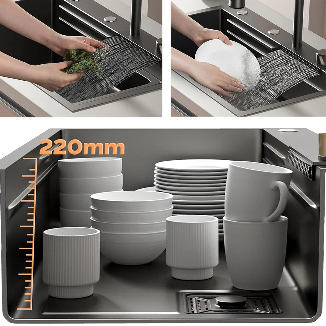 Kitchen sink, 5 buttons, 45x100 cm - Nano Smart - Digital display - Integrated dish drainer + knife rack - Includes all accessories - A complete kitchen experience in one piece