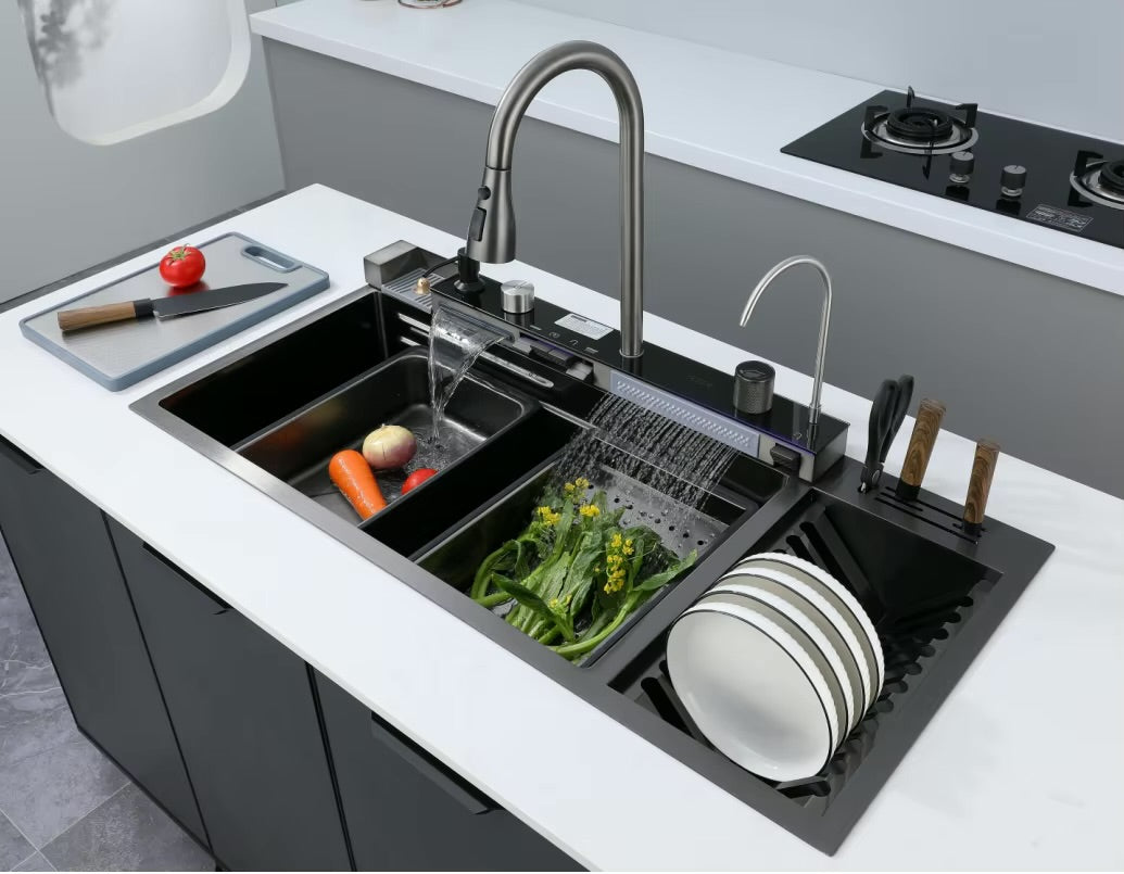Kitchen sink, 5 buttons, 45x100 cm - Nano Smart - Digital display - Integrated dish drainer + knife rack - Includes all accessories - A complete kitchen experience in one piece