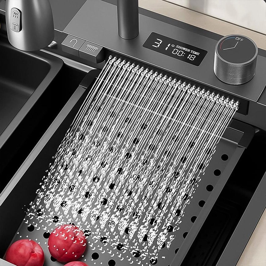 حوض مطبخ 5 زرار 45x100 سم - نانو سمارت - شاشه ديجتال - مطبقية مدمجة + رشاقة للسكاكين - شامل جميع الاكسسوار - تجربة مطبخ متكاملة في قطعة واحدة